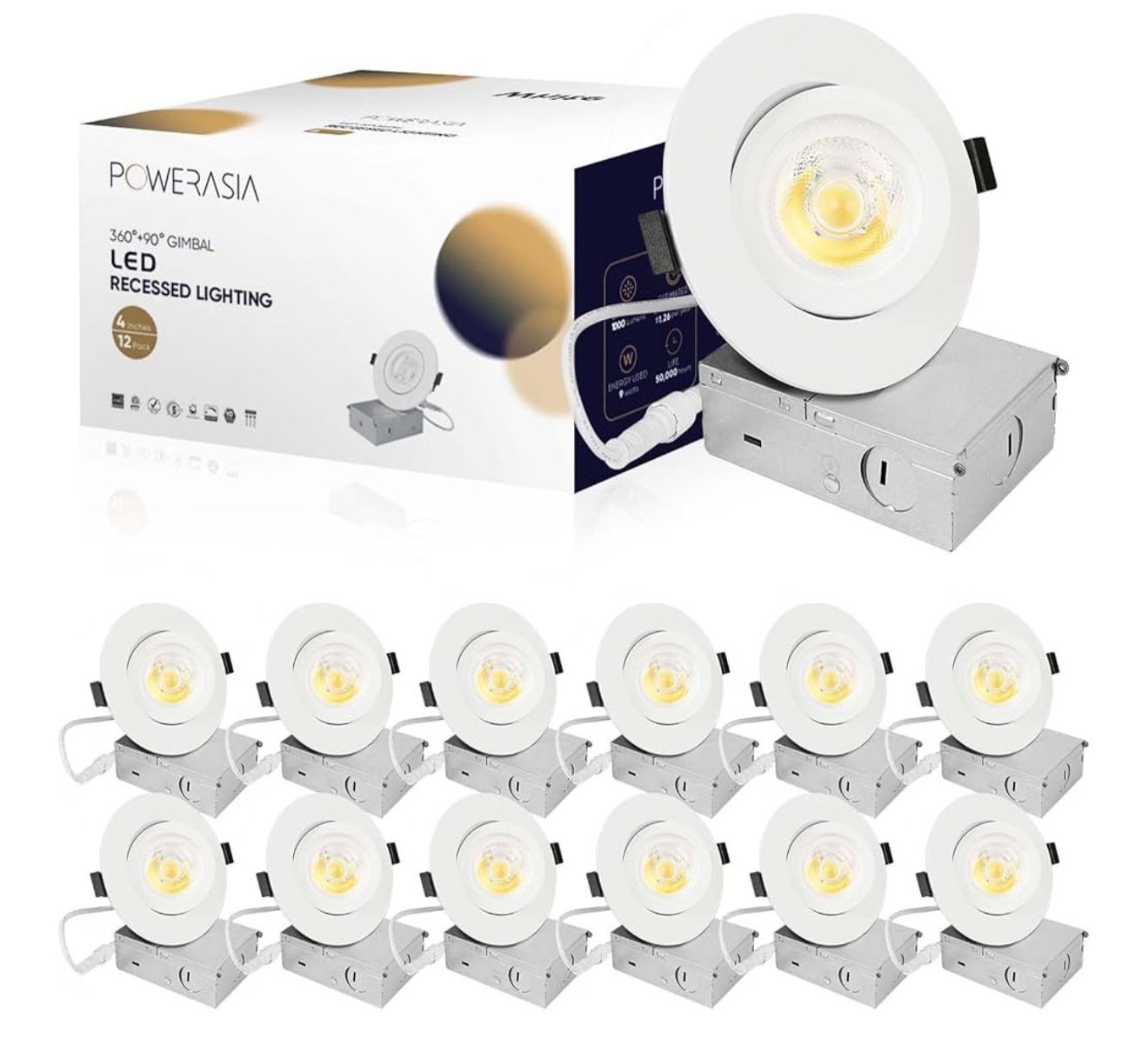 12 Pack 4 Inch 5CCT 2700K-6000K Selectable, 360°+90° Adjustable Directional Eyeball Light