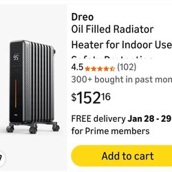 0120: Dreo Radiator Heater, 1500W Portable Space Oil Filled, 4 Modes, Overheat & Tip-Over Protection, 24h Timer, Quiet, Large Space, Anti-scald Handle