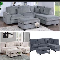 Sectional SofaChaise With Ottoman Storage USB Available I Ivory, Gray,Dark  Corduroy,Gray,Black 106"X76" 