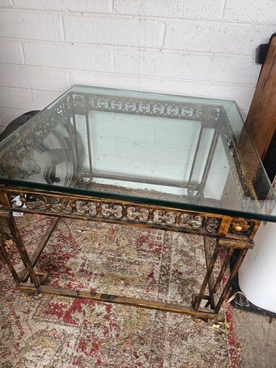Antique Metal And Glass Side Table