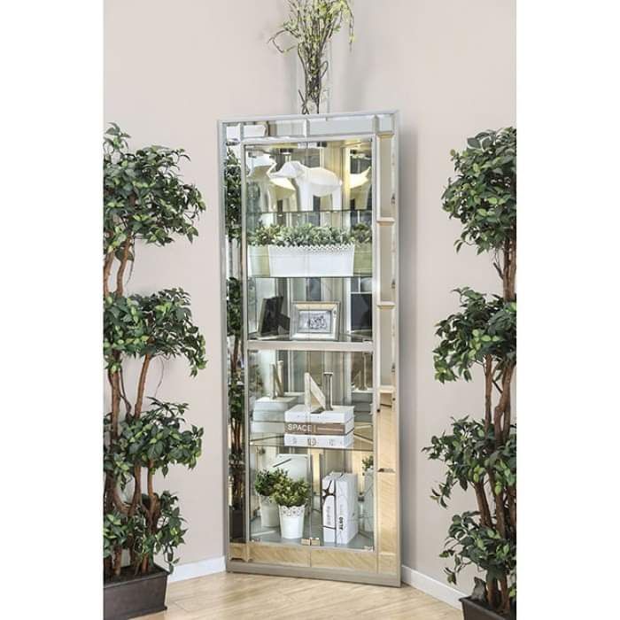SILVER MIRRORED CORNER DISPLAY UNIT