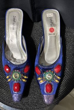John Fashion Blue Satin  Mule With A Round Heel  And Colorful Jeweled Embellishments. Size 7 M.