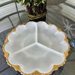 Vintage 1960s Fire King by Anchor Hocking Three Division Milk Glass & Gold Trim 10" Serving Platte Made In USA.