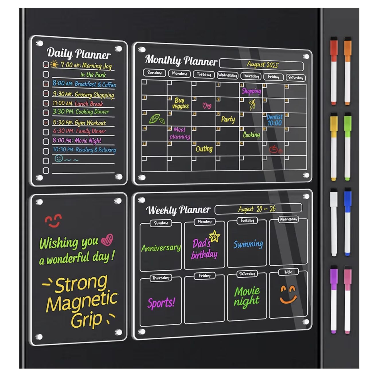 Acrylic Fridge Calendar, 4 Pack Magnetic Calendars for Refrigerator, Magnetic Dry Erase Board Calendar for Fridge, 2025 Clear Monthly Weekly Daily Mem