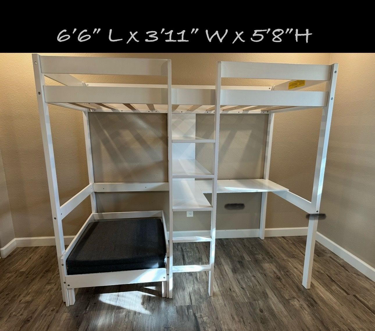 Twin Size Loft Bed with Desk, Storage Shelves and Ladder And Convertible Lower Bed
