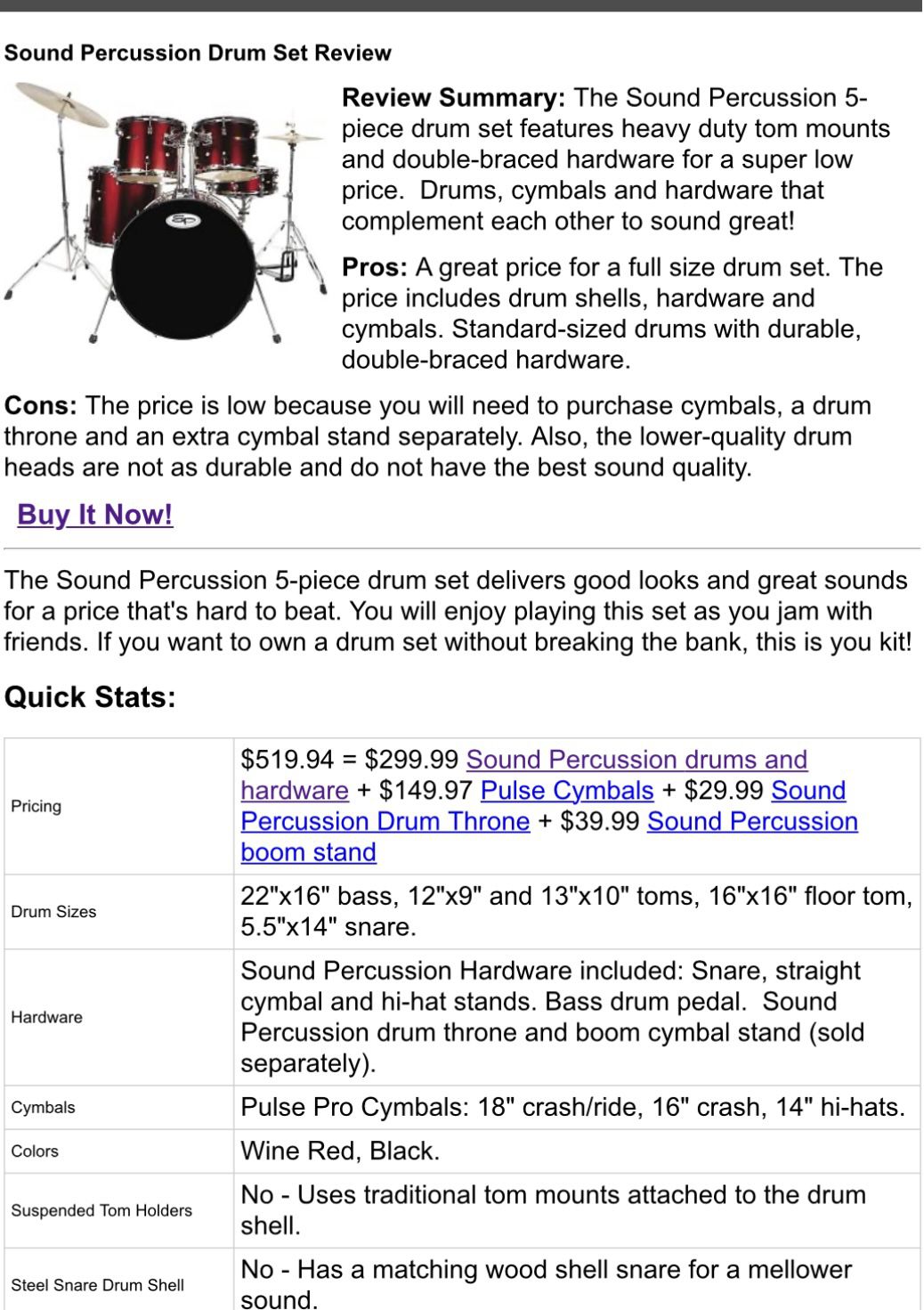 Used -Sound Percussion Drum Set