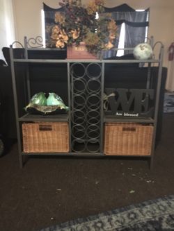Bakers Rack Black Rod Iron and Wicker