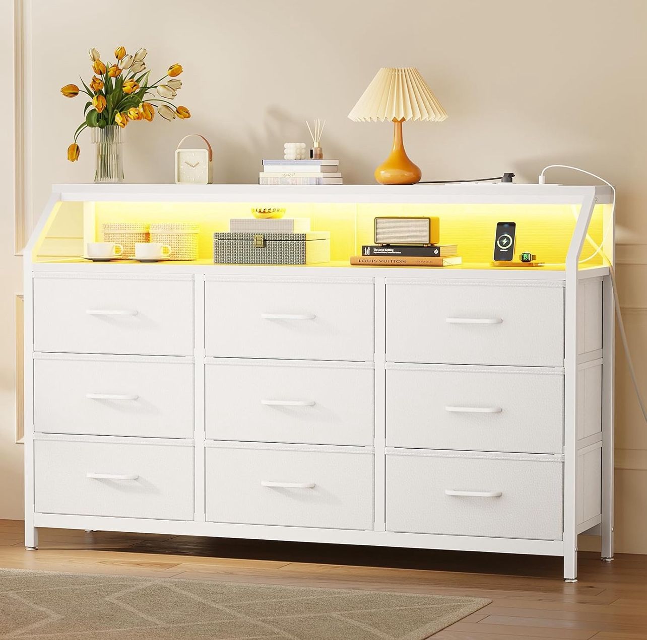 Dresser for Bedroom with LED Lights, 55" Wide 9 Drawer Bedroom Dresser with C...