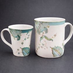 Set of 2 Floral Ceramic Coffee Mugs Blue Paisley Large & Small