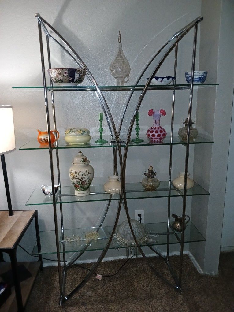 Retro Modern 4 Tier Sleek Chrome Or Silve Style Glass Shelve Display