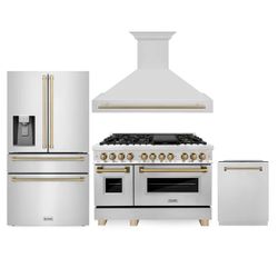 ZLINE 48" Autograph Edition Kitchen Package with Stainless Steel Dual Fuel Range, Range Hood, Dishwasher and Refrigeration with Champagne Bronze Accen