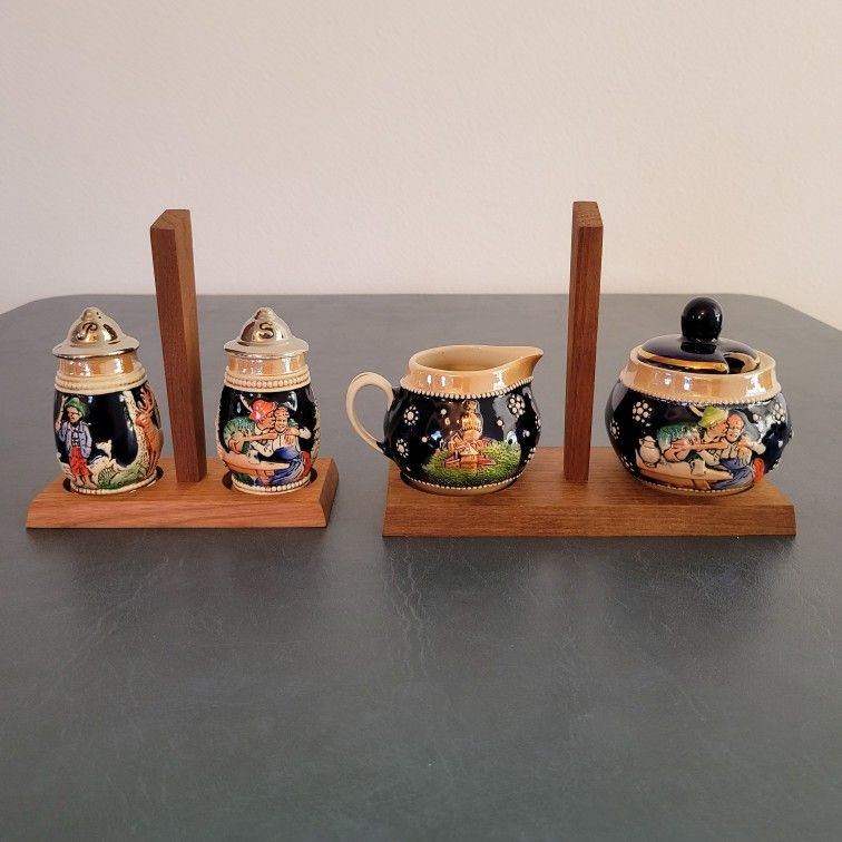 Salt & Pepper, Sugar Bowl & Creamer Set German Stein Style with Wood Holders