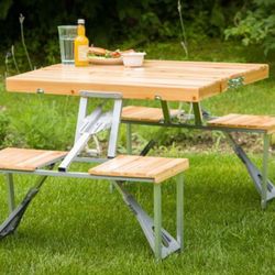 Portable Folding Wooden 54” Table & Bench for Camping & Picnic, with multi Safety Locks
