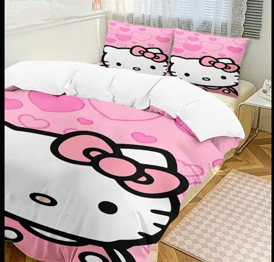 TWIN 3 pcs Bedding Set, HELLO KITTY Bedding Set- 1 Duvet Cover, 2 Pillowcases-- NEW--