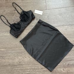 Black Satin Two Piece Skirt Set