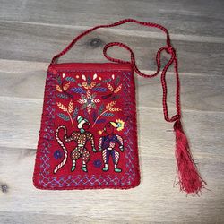 Aarong Bangladesh Boho Embroidered Folk Art Red Shoulder Purse Bag 8.5”x6.5” LIKE NEW