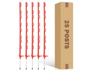25 Pack 48" Plastic Step-in Electric Fence Posts, Temporary Fence Stakes 8 Molded Clips, Heavy-Duty Galvanised Sharp Metal Spike, Easy Step in Ground,