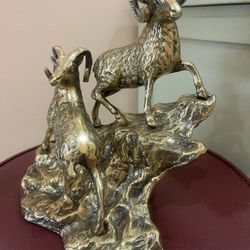 Vintage Mid Century Solid Brass Rams on Hillside Ram Figurine