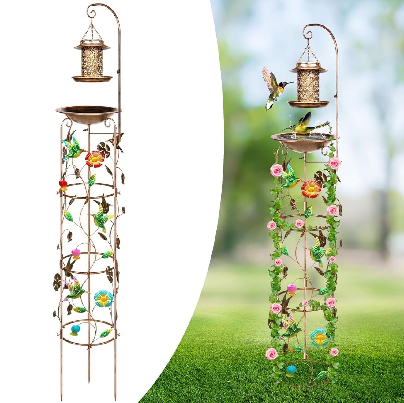 Metal Solar Bird Bath & Feeder with Garden Trellis for Climbing Plants Outdoor with Decorative Butterflies Hummingbird Antique Iron Garden Plant 71”
