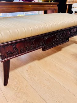 Carved Wood Elephant Bench with Upholstered Cushion