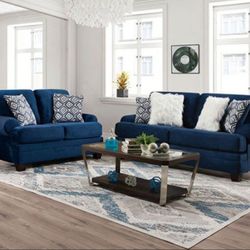 Brand New Navy Blue Velour Sofa And Love Seat 