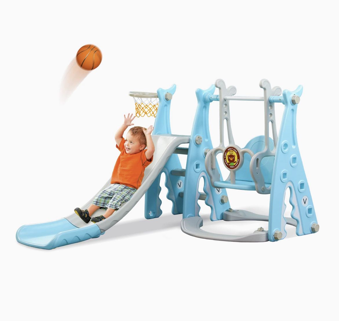 Toddlers Slide and Swing Set 4 in 1 Kids Freestanding Climber Slide Playset for Boys Girls with Basketball Hoop Extra Long Slide Easy Set Up Baby Play