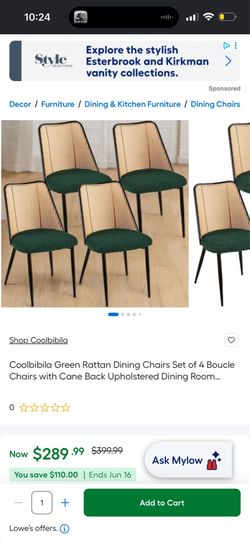 Coolbibibila Green Rattan Dining Chairs Set of 8 Boucle Chairs with Cane Back