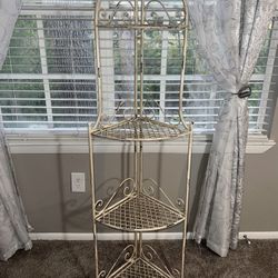 Antique Distressed Beige Tall Metal 4-Tiered Folding Vintage Corner Shelf Plant Stand Indoor Outdoor Home