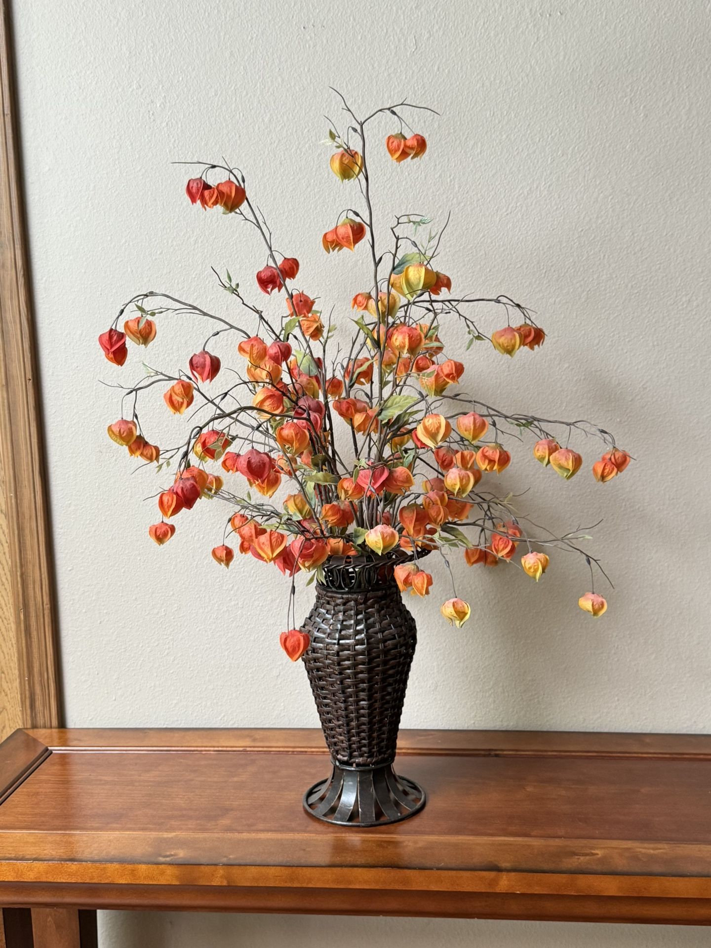 Fall Flower Arrangement with Wrought Iron Wicker Vase