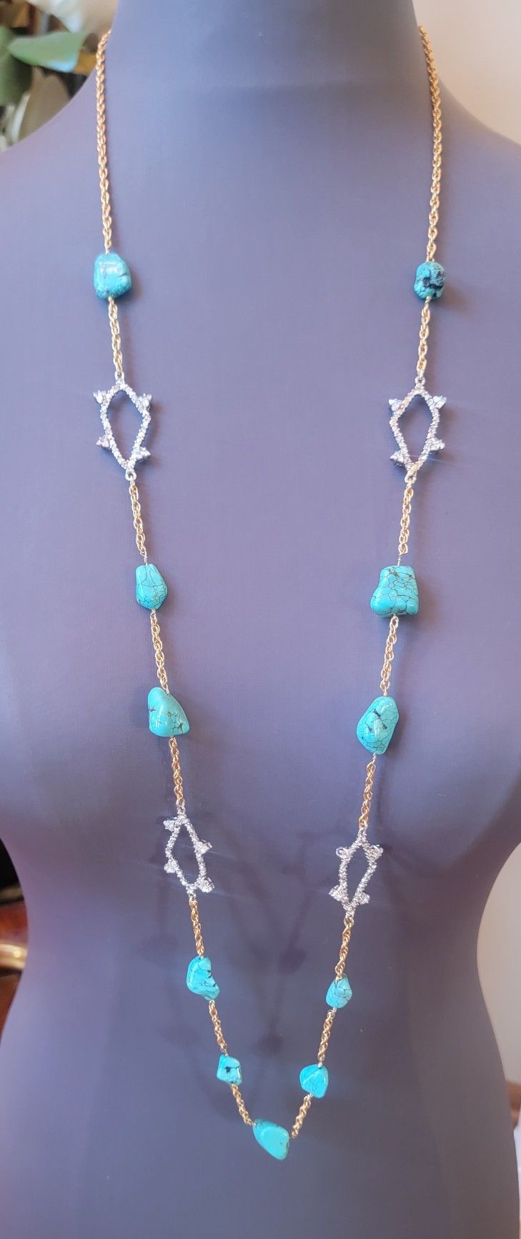 NWOT ALEXIS BITTAR CHAIN NECKLACE TURQUOISE STONES & CLEAR CRYSTALS 42"