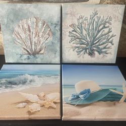  Set 4-piece canvas wall art decor coastal and beach-themed 12”x12”