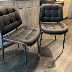 Mid Century Modern Dining Chairs with Walnut Grain Back, Black Faux Leather Dining Room Chairs Set of 4, Checkered Soft Cushion Kitchen Chairs with Ad