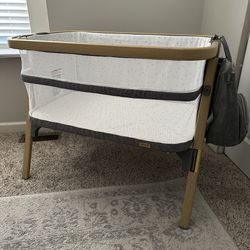 Amke Heather Gray And Natural Wood Bedside Sleeper Bassinet Crib