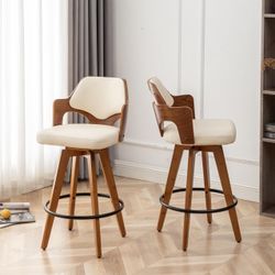 Swivel Bar Stools Set of 2,Counter Height Bar Stools,Upholstered Bar Chair with Bamboo Legs,Low Back Counter Stools for Kitchen Island (Beige-Pu)