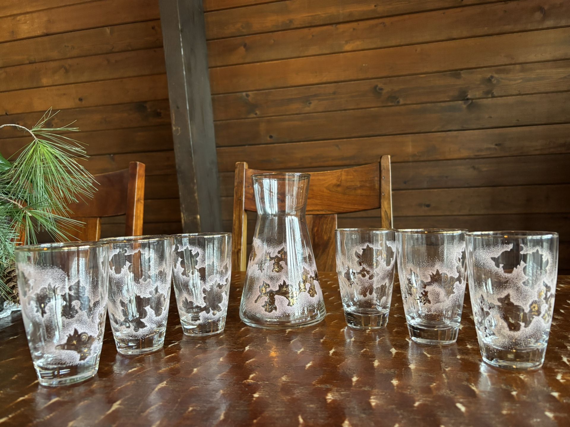 Vintage MCM 1950’s Libbey Glass Co. Duchess Pink & Gold Carafe & Drink Glasses