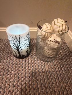 Halloween Decor Lot – Flameless LED Pillar Candle (Spooky Tree Scene) + Glass Hurricane Vase with