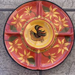 12” Ceramic Rooster Divided Relish Platter Plate Chip Dip Dish Saparna by Sarah Grubbs 