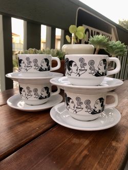 Set Of Four Art Deco Style Demitasse Espresso Cups And Saucers Brazil