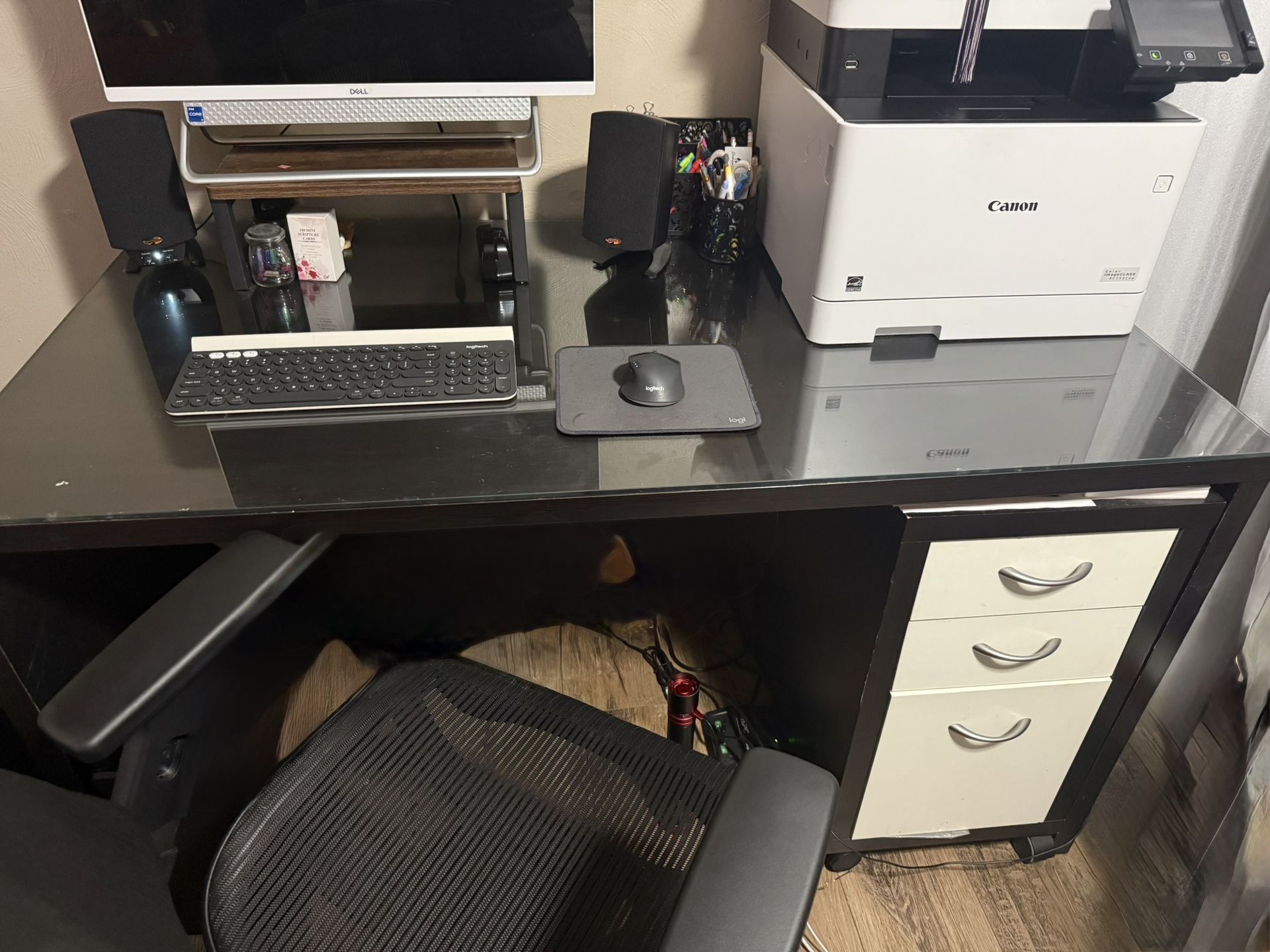 Desk, Cabinet, and Chair