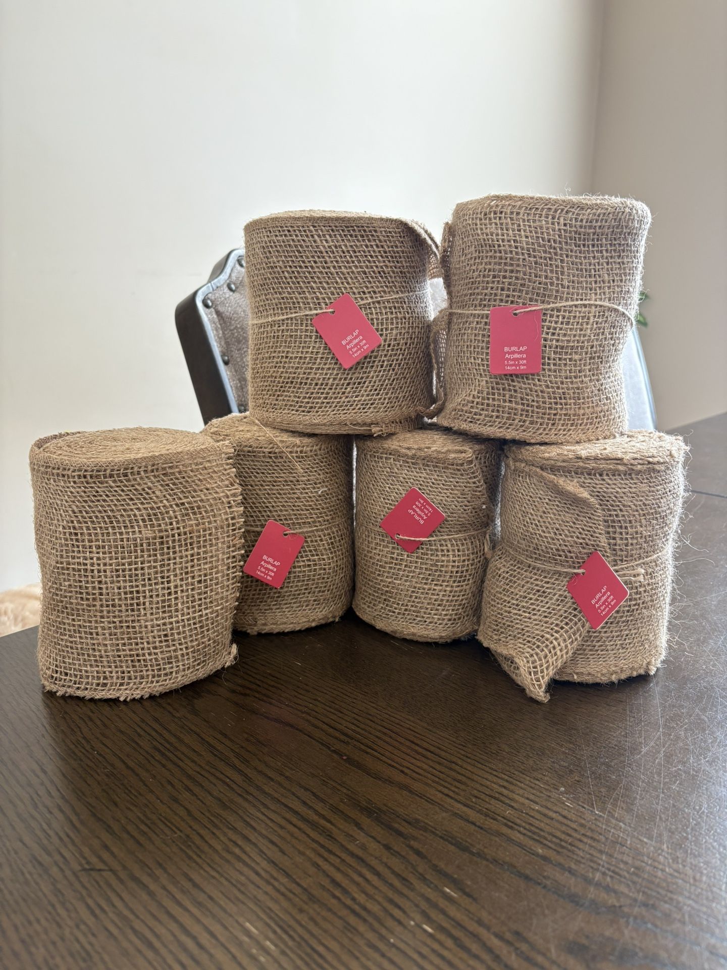 5 New Burlap Ribbon Liston de Arpillera Natural 5.5 in x 30 ft Spools & 1 open