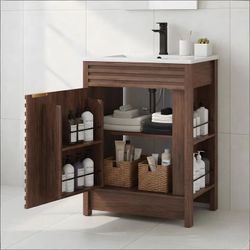 24" Bathroom Vanity Combo with Ceramic Sink & Faucet, Modern Light Oak Single Vanity Set with Fluted Door, Over-the-Door Storage Bthroom Cabinet with 