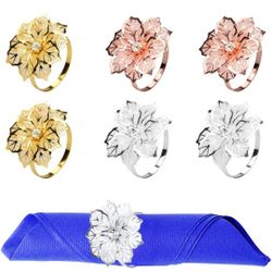 LASZOLA Set of 6 Alloy Flower Napkin Rings Hollow Out Floral Napkin Holder with Rhinestone, Exquisite Household Napkins Rings Set for Easter Christmas