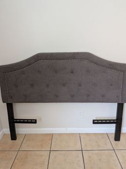 Gray Tufted Upholstered Headboard with Nailhead Trim for Queen