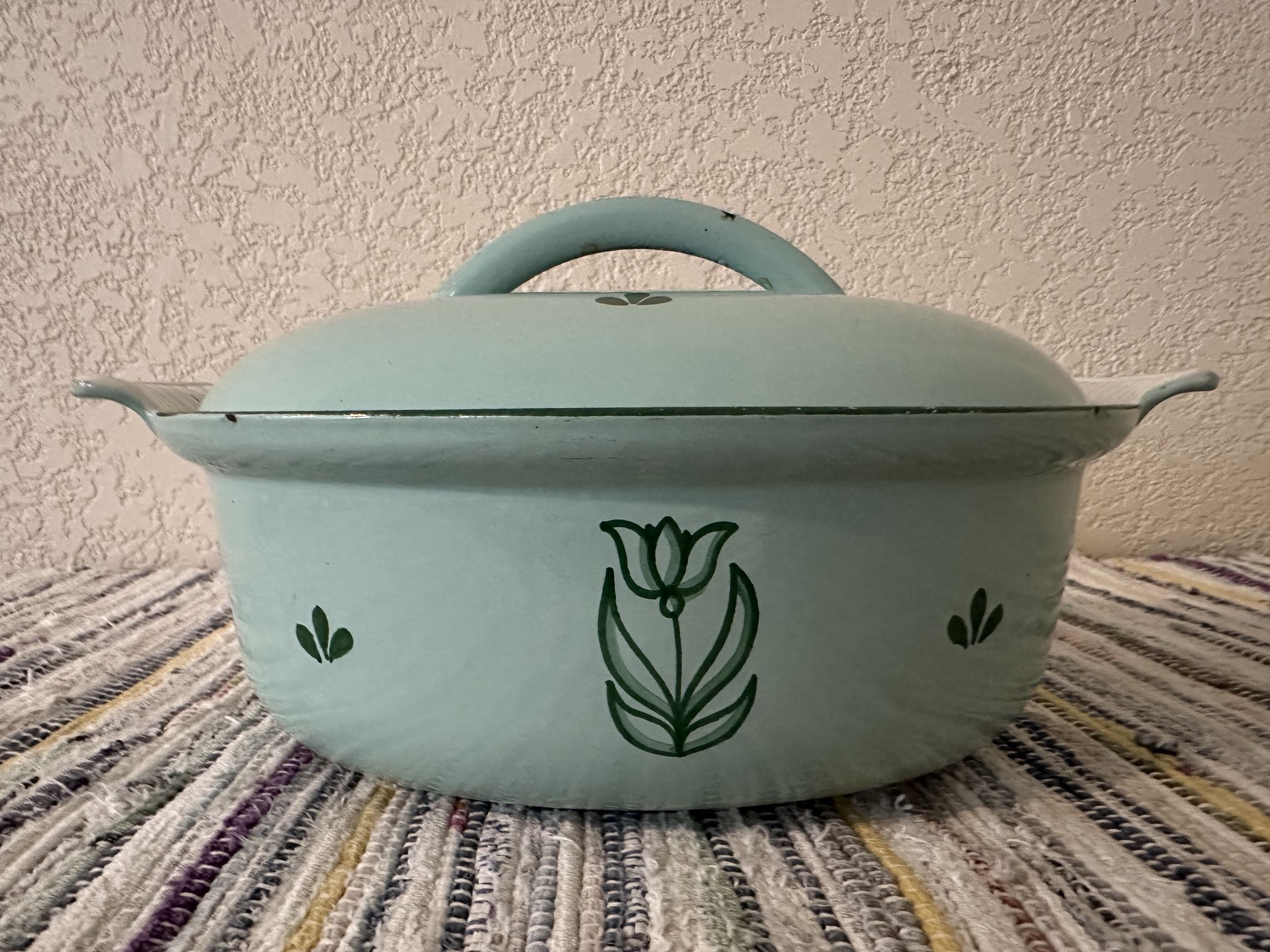 Vintage DRU Holland Enamelware Roaster #24 - Mid-Century Seafood Green Tulip