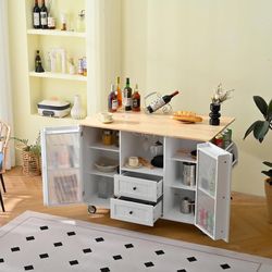 Kitchen Island Cart with Drop Leaf, 2 Drawers, 2 Door Cabinet & Rolling Storage Cart,Ivory White