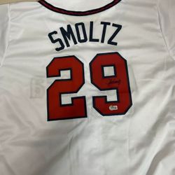 Autographed/Signed JOHN SMOLTZ Atlanta White Baseball Jersey JSA COA Auto