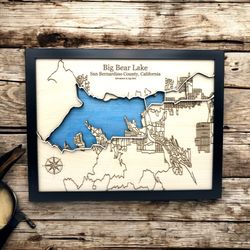 Laser Engraved Big Bear Lake Wooden Map 9”x12”