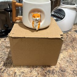 Cute Shiba Inu (dog) Ceramic Mug, Three-dimensional with Matte Texture and wooden handle like design