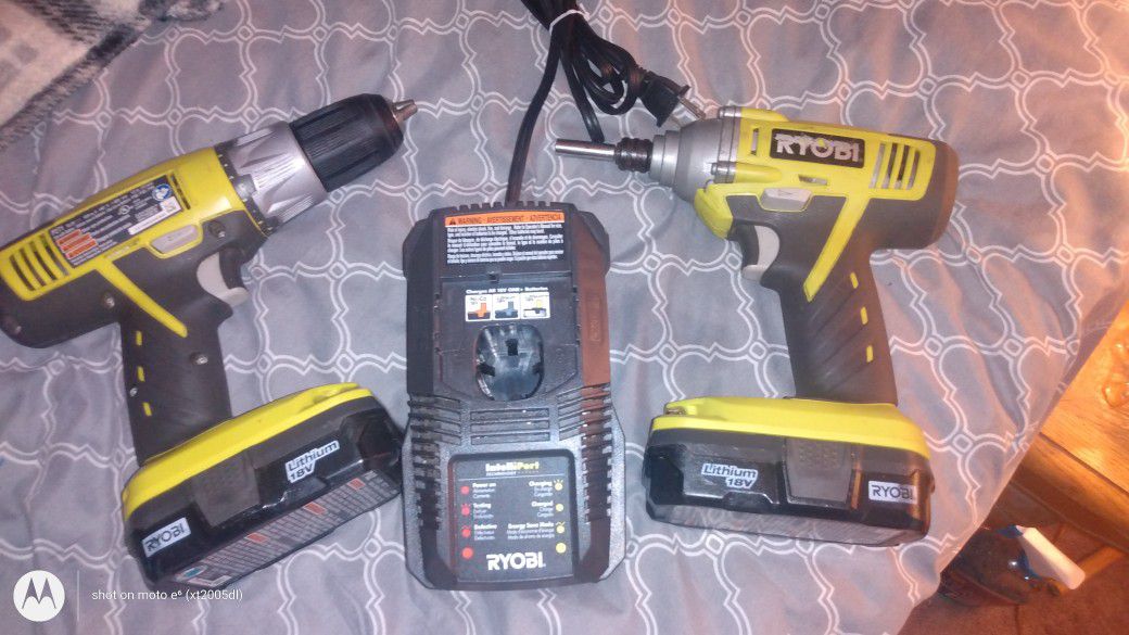 18 Volt Ryobi Drill And Impact Set With Two Batteries And A Charger