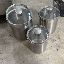 Stainless Kitchen Storage With Glass Lids.  